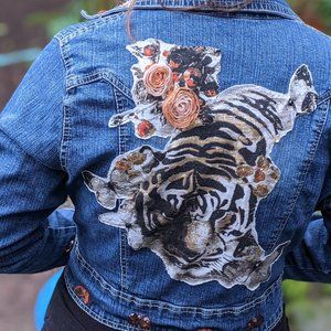 Embellished Upcycled Tiger Denim Jacket